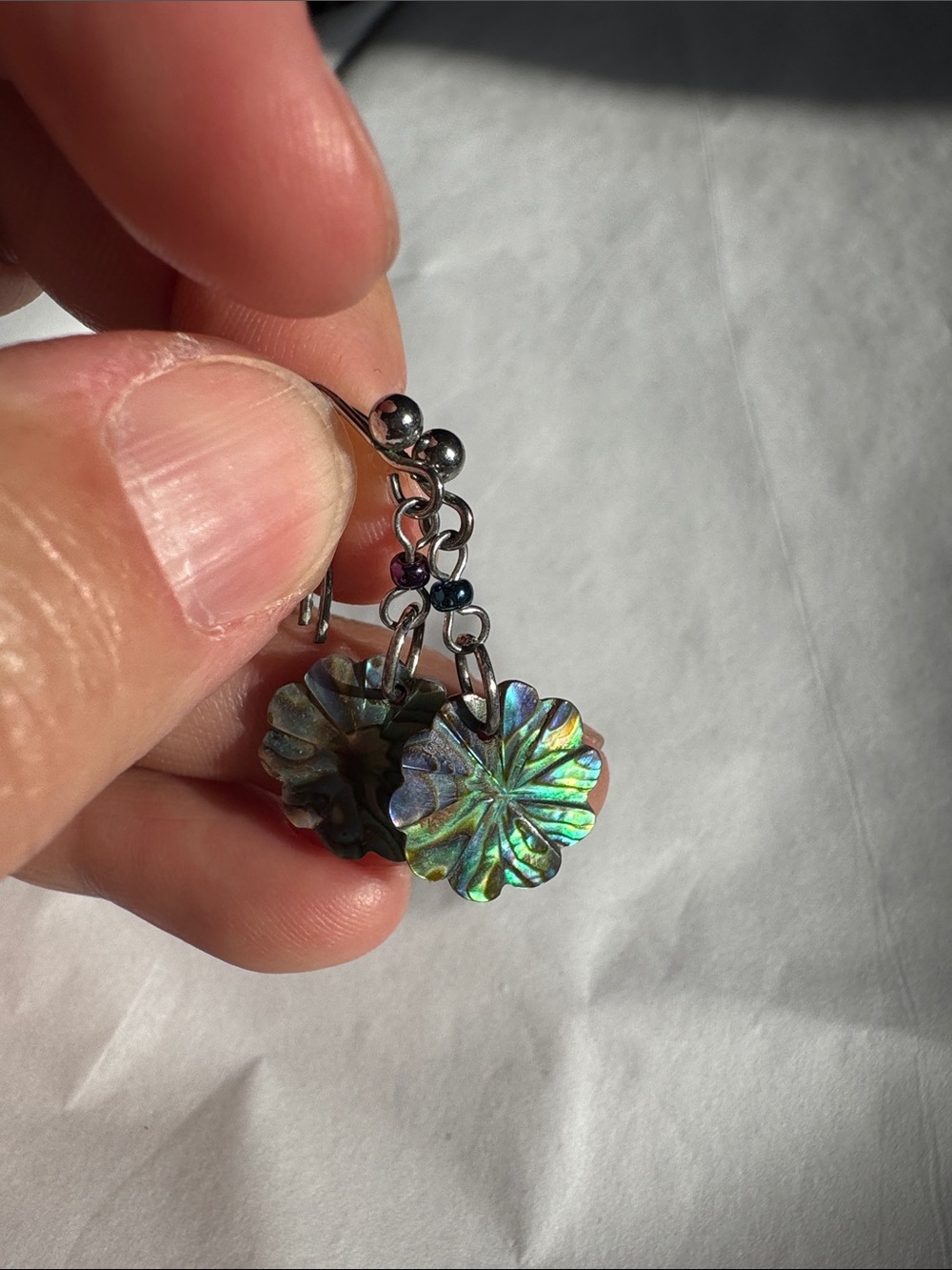 Abalone Flower Drop Earrings - Iridescent Green